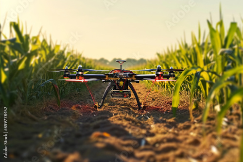 Future farming, drones working on crop fields. generative Ai