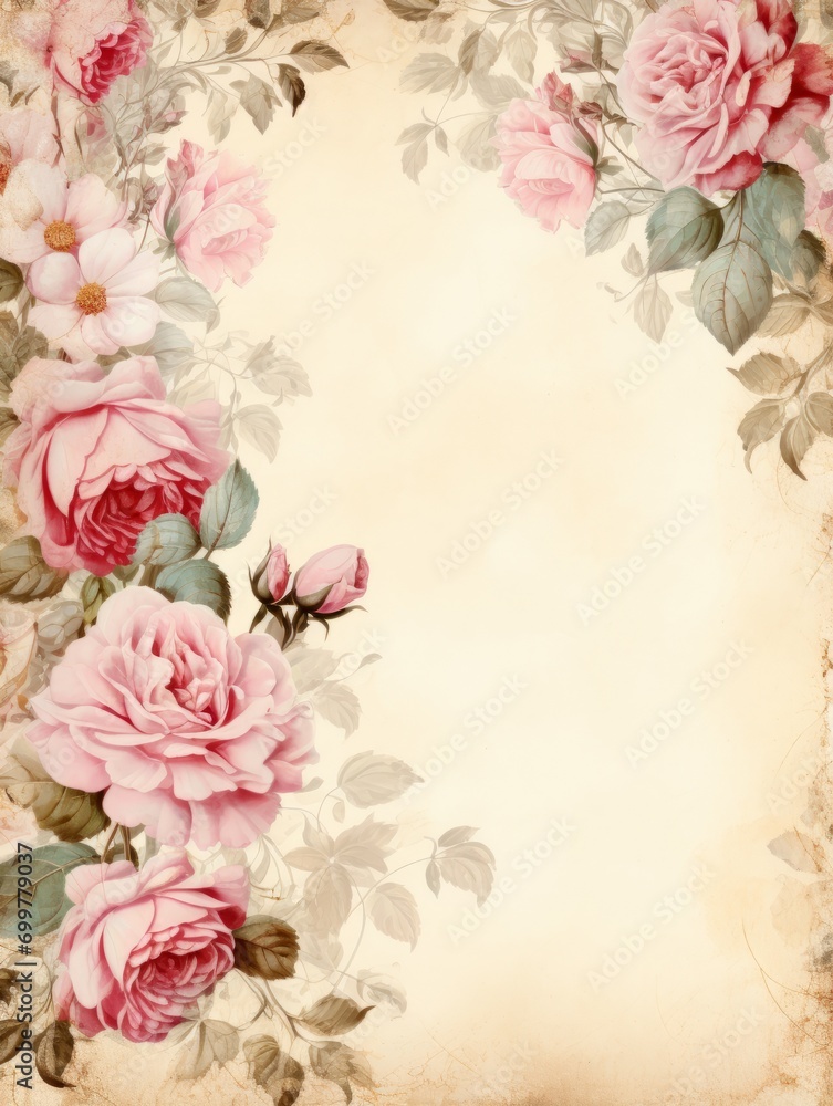 Vintage floral border with pink roses and leaves on a textured cream background, perfect for greeting cards, wedding invitations or vintage decor