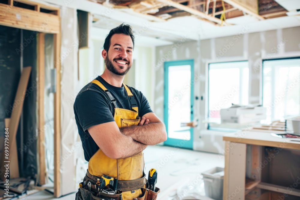Half-length portrait of professional male construction worker in uniform wearing tool belt. Adult Caucasian man smiling at camera with his arms crossed over his chest during renovation work indoors. Half-length portrait of professional male construction worker in uniform wearing tool belt. Adult Caucasian man smiling at camera with his arms crossed over his chest during renovation work indoors.