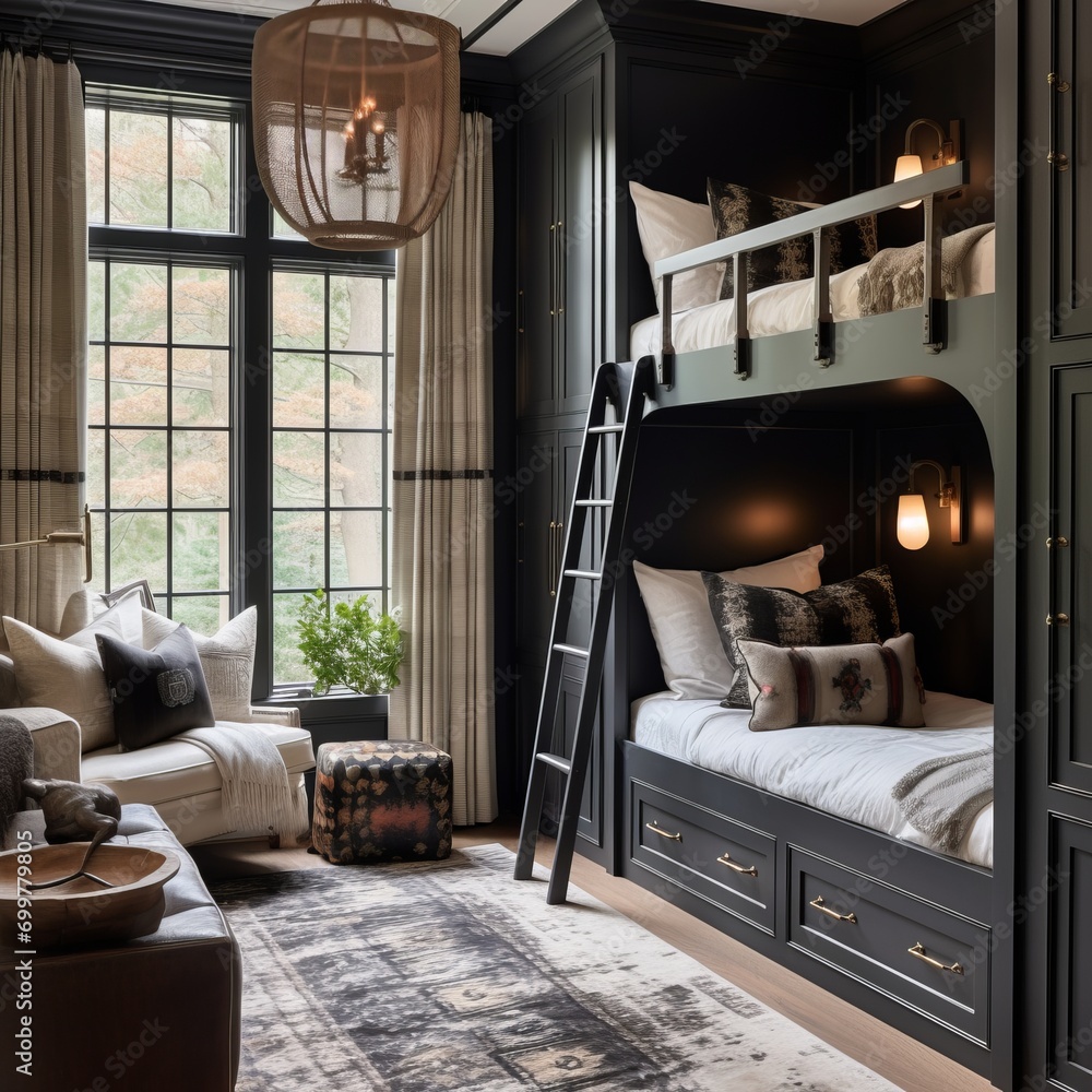 Cozy modern bedroom with builtin bunk beds with wood paneling, chic