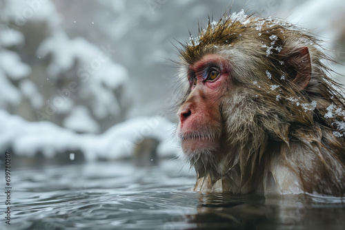 snow monkey in a hot spring in winter photo