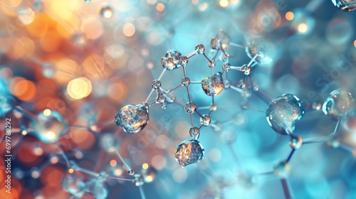 Close-up of abstract molecular structure with sparkling nodes, orange and blue bokeh photo