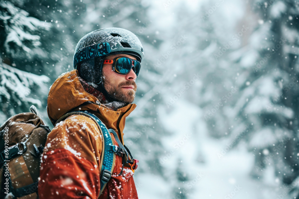 Close-up shot of a snowboarder wearing orange jacket, helmet and goggles. Young bearded Caucasian man looks ahead and ready to ride down the snowy slope. Winter forest on the background. Close-up shot of a snowboarder wearing orange jacket, helmet and goggles. Young bearded Caucasian man looks ahead and ready to ride down the snowy slope. Winter forest on the background.