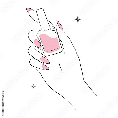 Manicured hand holding nailpolish bottle. Line art. Vector illustration for nail salon