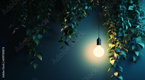 A Dim Incandescent Light Bulb Illuminating a Wall Overgrown With Creeping Vines Mockup photo
