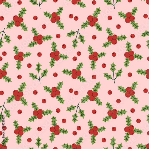 Christmas Holly Berries and Leaves Seamless Pattern Design