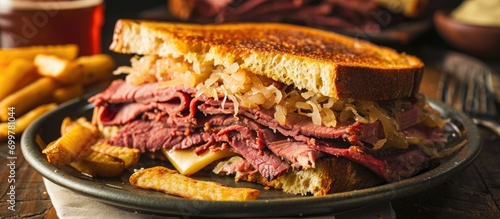 Traditional American sandwich with pastrami, corned beef, Swiss cheese, sauerkraut, thousand island dressing, on grilled rye bread, served with French fries. photo