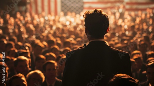An influential politician addressing a crowd during a campaign rally. [successful person]