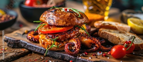Flavorful grilled octopus burger with tomato, cheese, and bread on a rustic board.