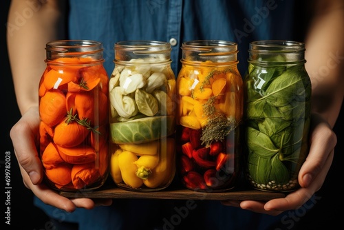 Beautiful fashionable housewife holding jars of pickled vegetables in the hands. Woman with marinated vegetables in the kitchen. photo