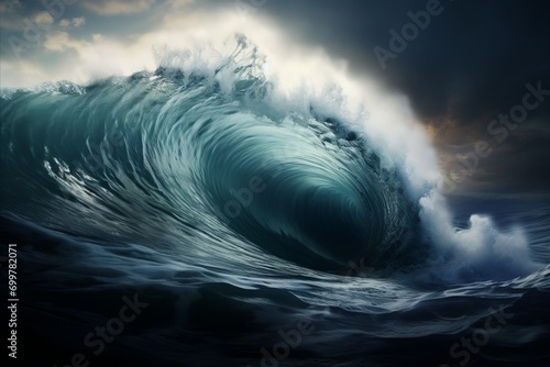 Dramatic View of a Massive Tsunami Wave on the Open Seas, Ocean Storm Background