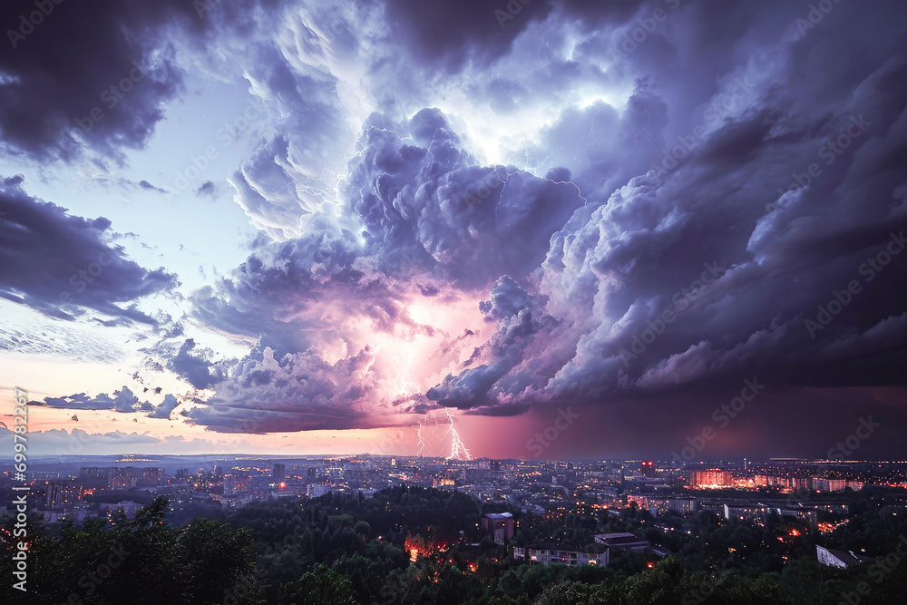 Dramatic thunderstorm with lightning over the city skyline at sunset with vibrant purple sky and city lights.