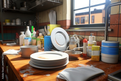 Close-up View of Grimy and Stacked Dirty Plates and Utensils on the Kitchen Table photo