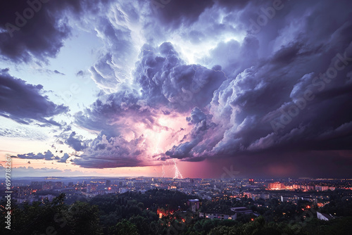 Dramatic thunderstorm with lightning over the city skyline at sunset with vibrant purple sky and city lights.