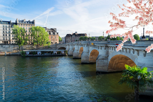 bridge Pont Neuf and Seine river with old houses of Cite island, Paris streets, France
