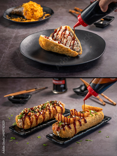 Pic collage of Fried Sushi Brazilian style. Sushinha and Strawberry sushi dog. Two for 1.