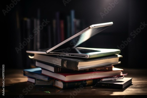 Tablet Pc Showing a Pile of Books. Generative AI