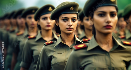 Group of Indian women in military uniforms standing at army ceremony or presentation. Generative AI photo