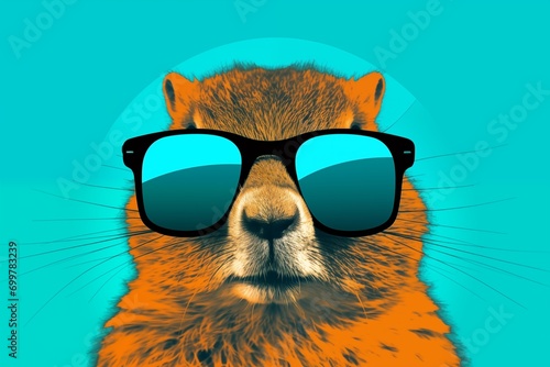 Spring pop art style groundhog illustration in bright glasses and on light blue neutral background AI generative photo