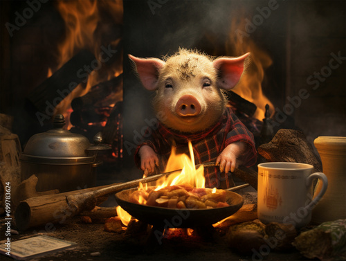 The little pig is on a hot fire.