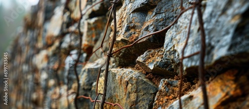 Mountain s falling rock protection uses a stone wall and wire mesh.