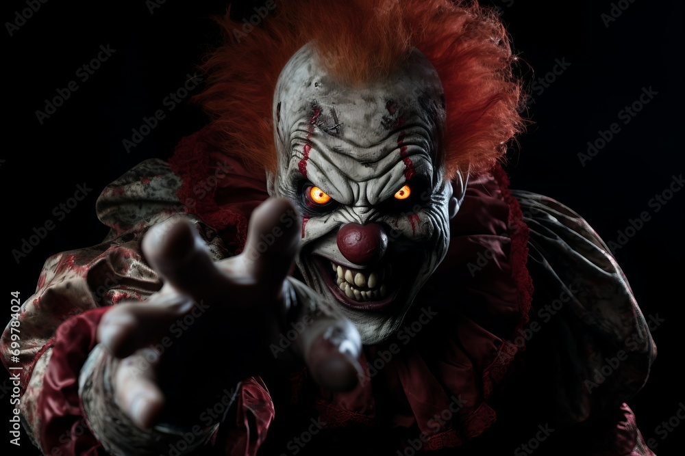 Portrait of Horror Clown Isolated on the Dark Background. Evil and Fear Concept. Portrait of Horror Clown Isolated on the Dark Background. Evil and Fear Concept.