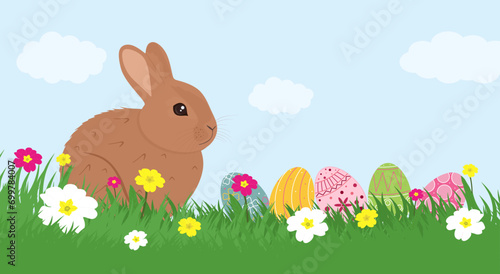 Easter holiday template banner with cute rabbit on green grass and easter eggs. Easter funny rabbit or bunny on green meadow and beautiful colorful spring flowers. Flat cartoon vector illustration