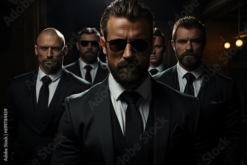 security guards, handsome men in formal wear and sunglasses, bodyguards on duty, safety measures, vigilance, black suits and ties, private security, strong men photo