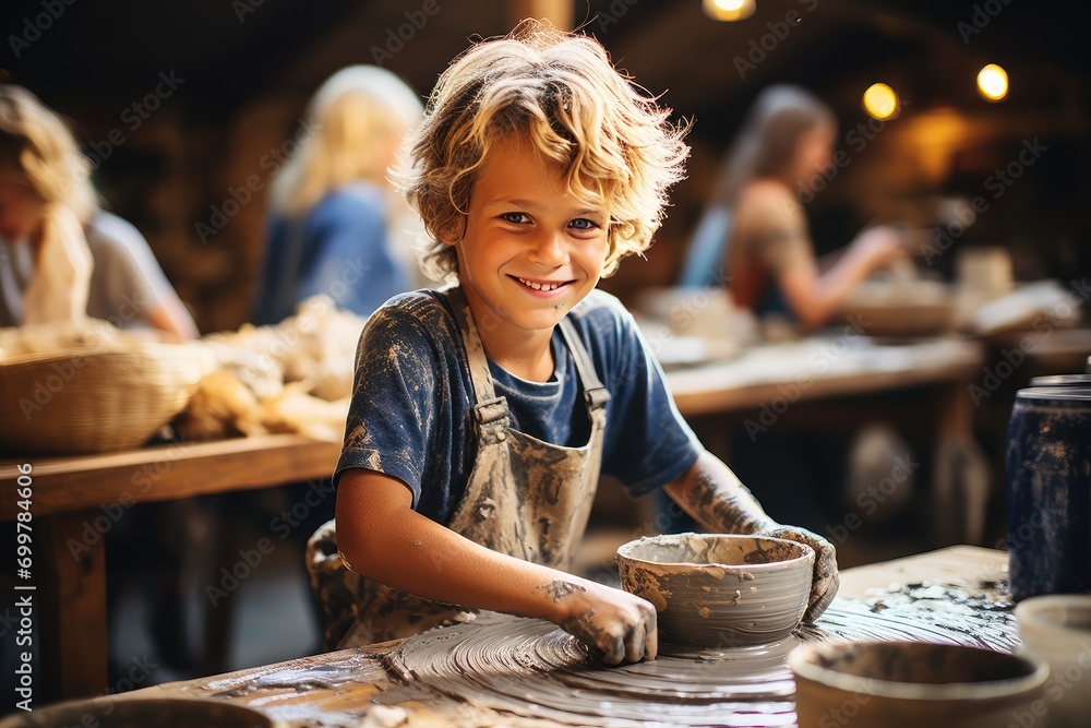 A little boy sculpts from clay in a pottery studio. Little schoolboy with painted clay cup standing in front of camera in studio of arts and crafts - obrazy, fototapety, plakaty 