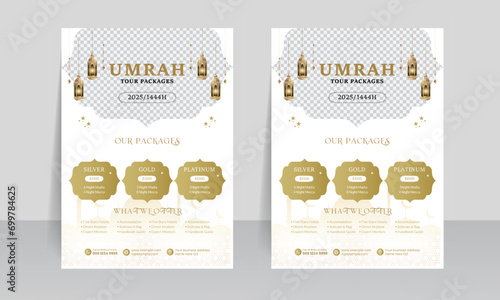 luxury islamic hajj & umrah flyer design with wavy shape element 