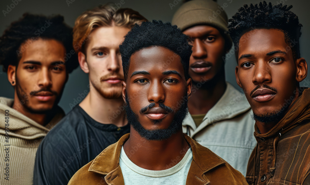 Diverse Group of Five Young Men Displaying Unity in Diversity, with Focused Expressions on a Neutral Background