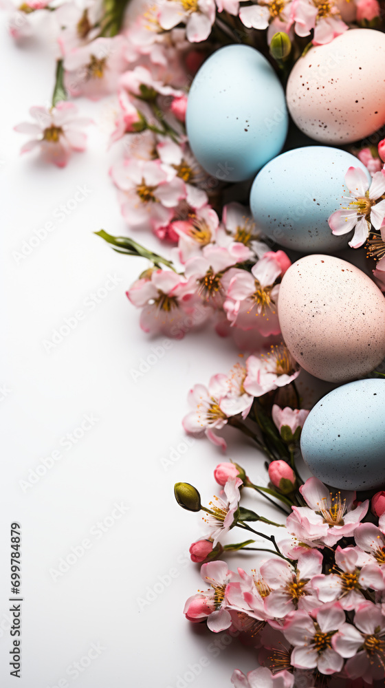 Easter celebration background with pastel colored eggs and pink blossoms on a white backdrop