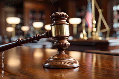 Judges gavel on wooden desk. Law firm concept. Law and justice symbols. Bokeh background.