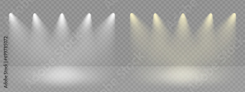 Spotlight illuminated stage background. White rays of floodlight, ies lamp beam set. Festive warm rays on transparent background photo