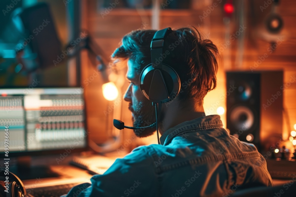 podcaster recording audio podcast in a podcast studio