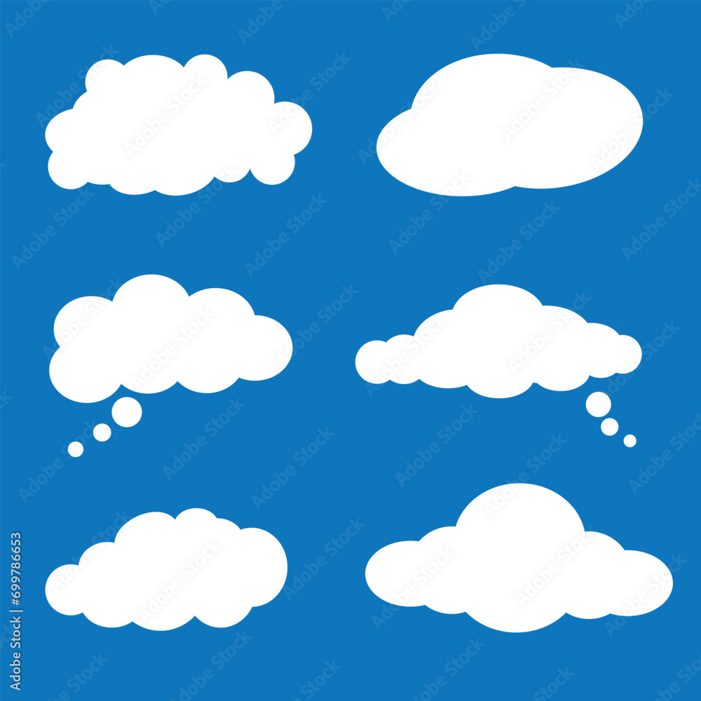 Cloud icon set, vector. cloud symbol in line and glyph style. Cartoon speech Bubble Sign, white cloudy set isolated on blue background. Vector illustration
