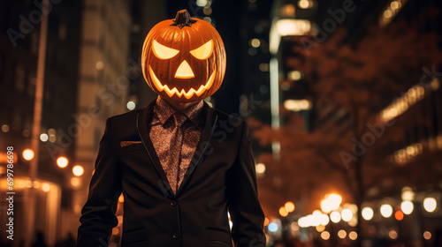 Stylishly dressed man with a glowing Halloween pumpkin instead of a head. Jack on city street. A Perfect illustration for Party, Horror, and Fear Themes