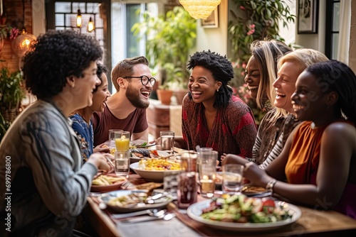 A diverse group of friends gather around a table for a dinner, celebrating friendship and community