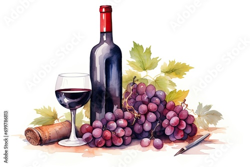 Watercolor illustration of red wine bottle with wine grapes isolated on transparent or white background. Copy space