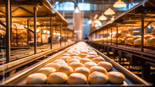 Closeup of baking tray with fresh rolls in manufacture bakery kitchen.