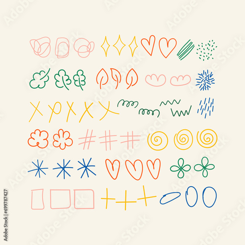 Collection of small hand drawn doodles. Simple hearts, leaves, flowers, crosshatches, stars, swirls, circles, dots. Cartoon style decorative line elements clipart set design photo