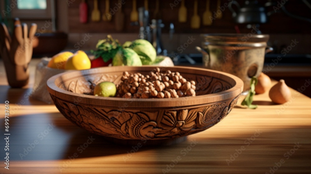 visually appealing composition of a wooden bowl adorned with intricate carvings, contrasting sharply with the colors of a kitchen