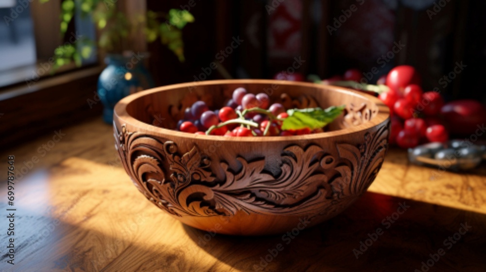 Fototapeta premium visually appealing composition of a wooden bowl adorned with intricate carvings, contrasting sharply with the colors of a kitchen