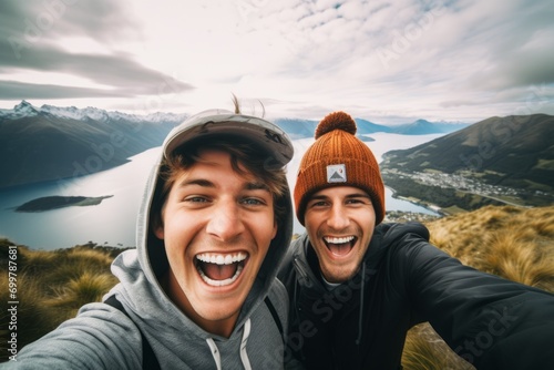 Selfie of two warm and hatted boys in nature, with a fjord, mountains and village in the background photo