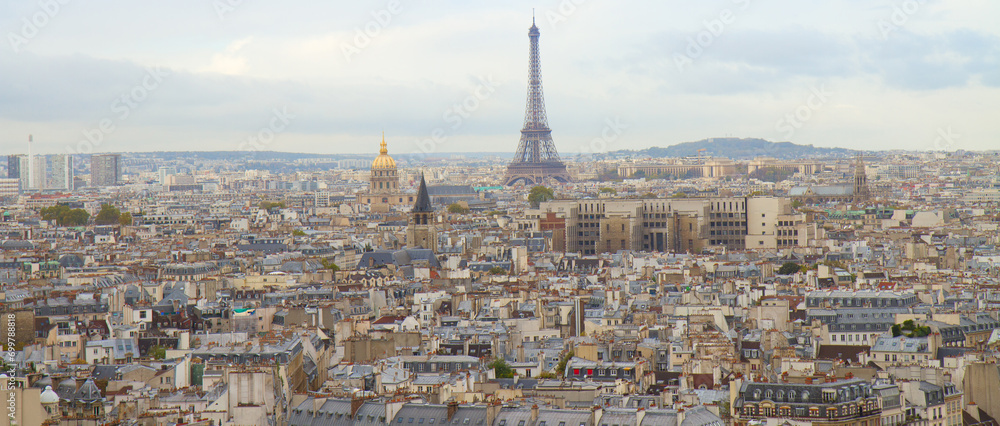 skyline of Paris city with eiffel tower from above, France, toned
