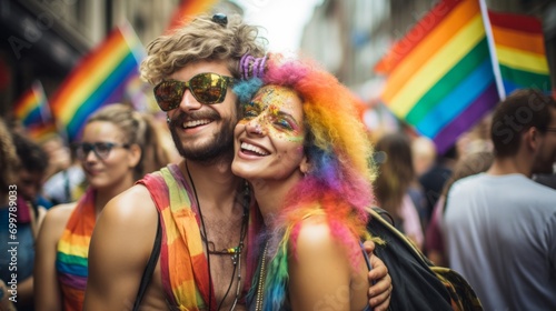 LGBT pride. Happy couple at the LGBT parade. Freedom of love and diversity
