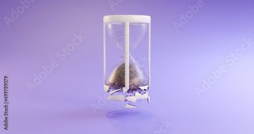 3d illustration of the destruction of an hourglass. The concept of procrastination, aging, retirement, time management, planning, lateness photo