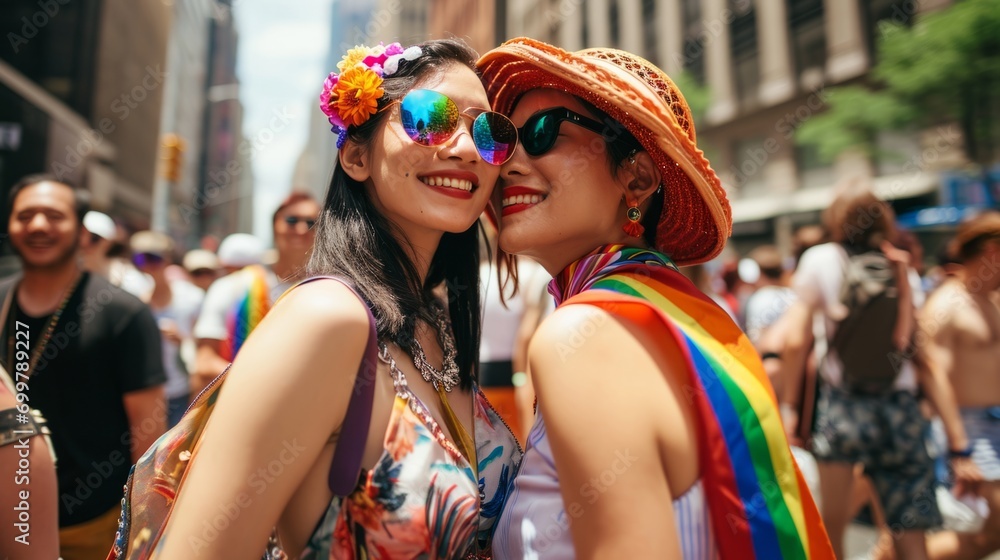 LGBT pride. Happy female couple at the LGBT parade. Freedom of love and diversity