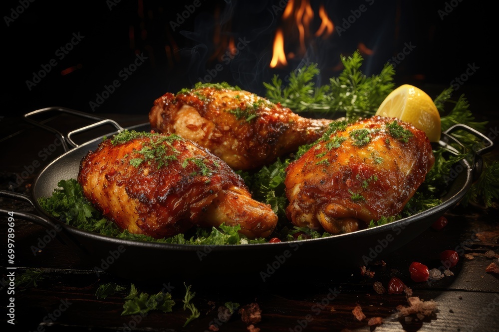Fried crispy chicken legs in breadcrumbs on a wooden serving board on a dark background. Fast food from the drumstick close-up Fried crispy chicken legs in breadcrumbs on a wooden serving board on a dark background. Fast food from the drumstick close-up