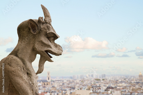 Gargoyle close up on Notre Dame Cathedral church in Paris, France photo